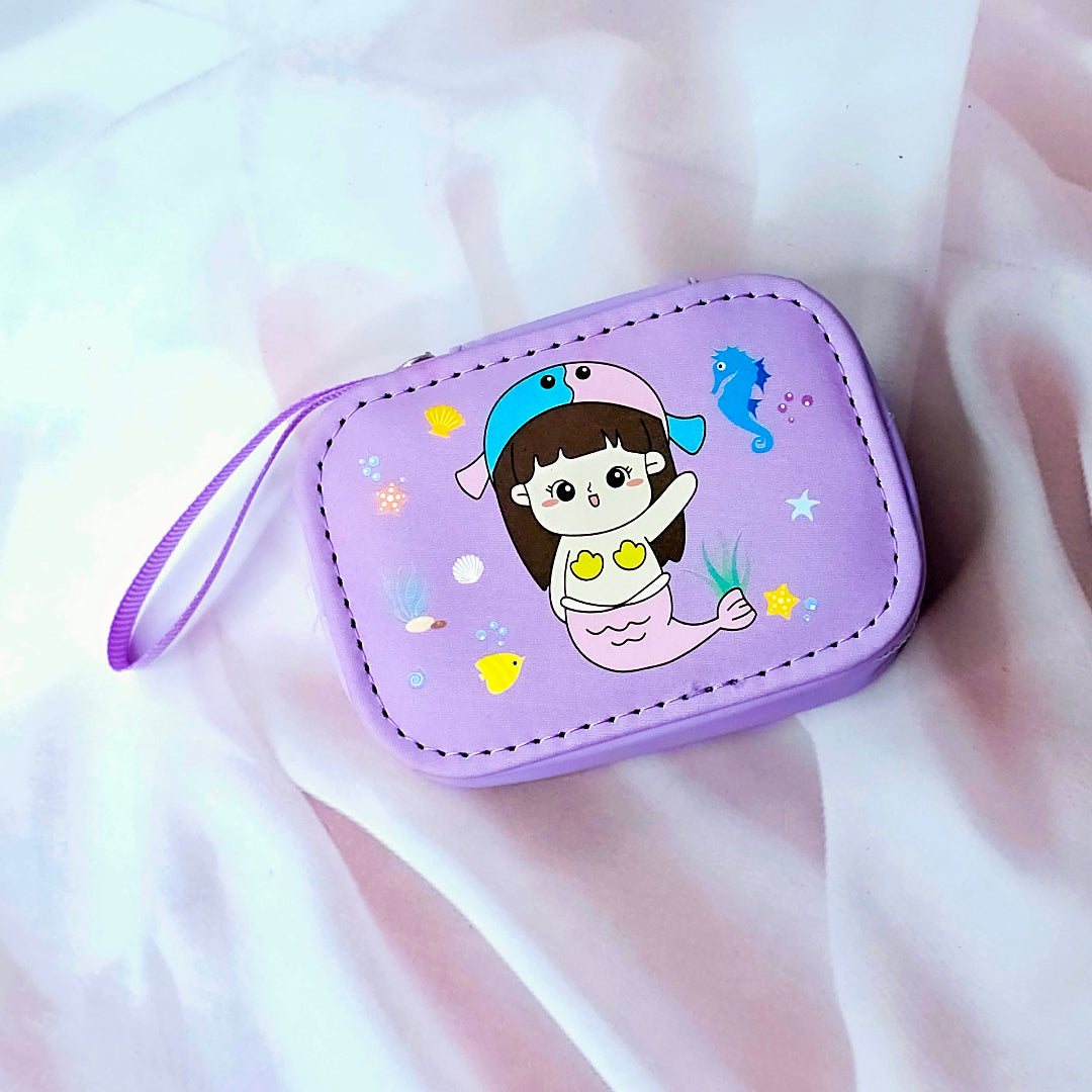 Assorted cute cartoon small storage coin pouches for kids in pink and purple with animal characters. www.usmile.toys